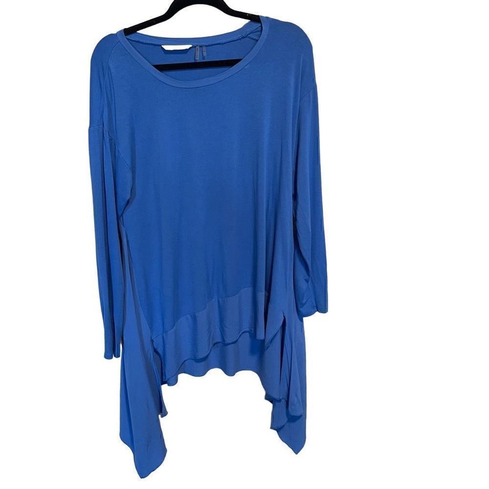 Soft Surroundings- Women's Blue Tunic Tshirt Blouse with Ruffle Hem, Size Medium